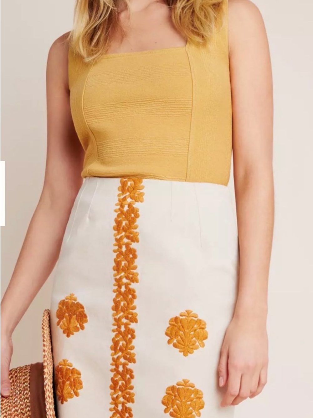 Anthropologie Cream Pencil Skirt with Golden Yellow Embroidery